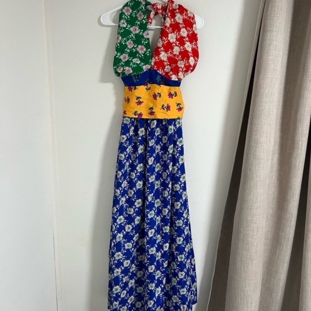 Vintage 70s Youth Guild Maxi Halter Patchwork Dress Red Blue Yellow Green Size 5